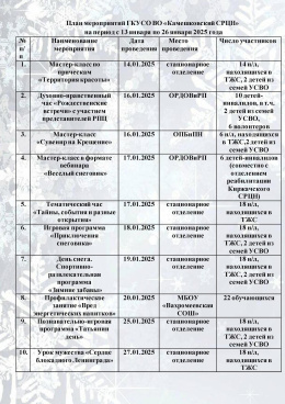 План мероприятий на период с 13 января по 26 января 2025 года