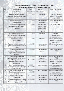 План мероприятий на период с 09 декабря по 22 декабря 2024 г.